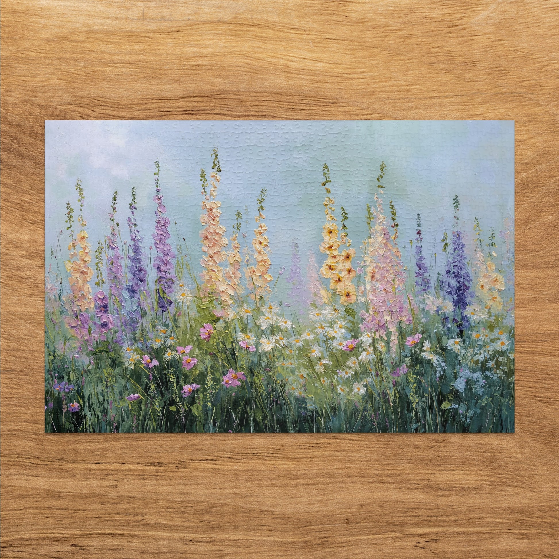 Oil painting of tall foxglove flowers and small wildflowers in a field.