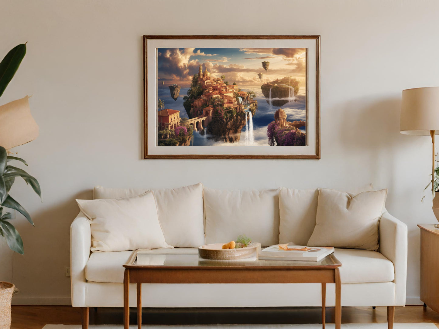 Framed artwork depicts a fantasy city built on floating islands with waterfalls.