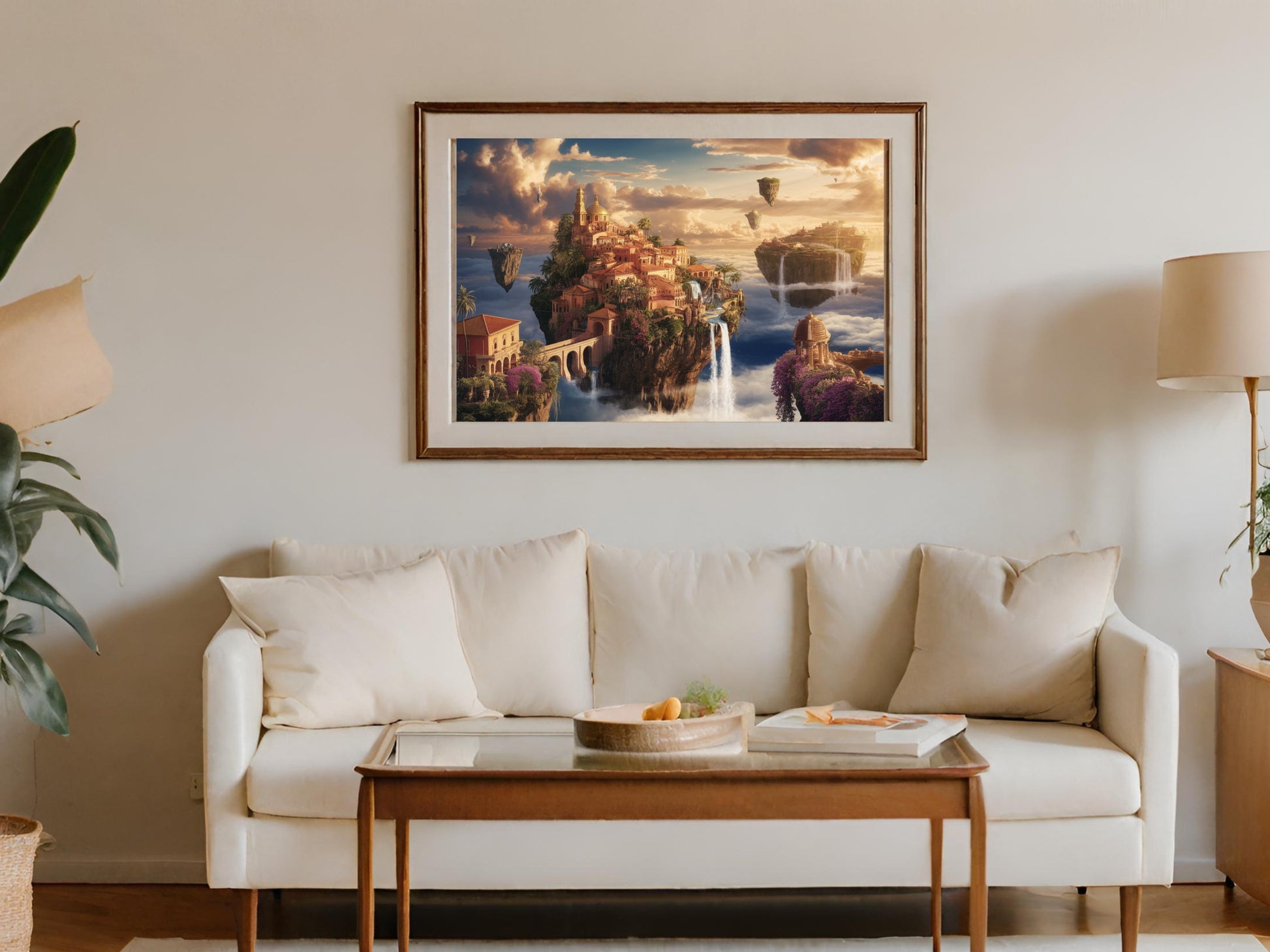 Framed artwork depicts a fantasy city built on floating islands with waterfalls.