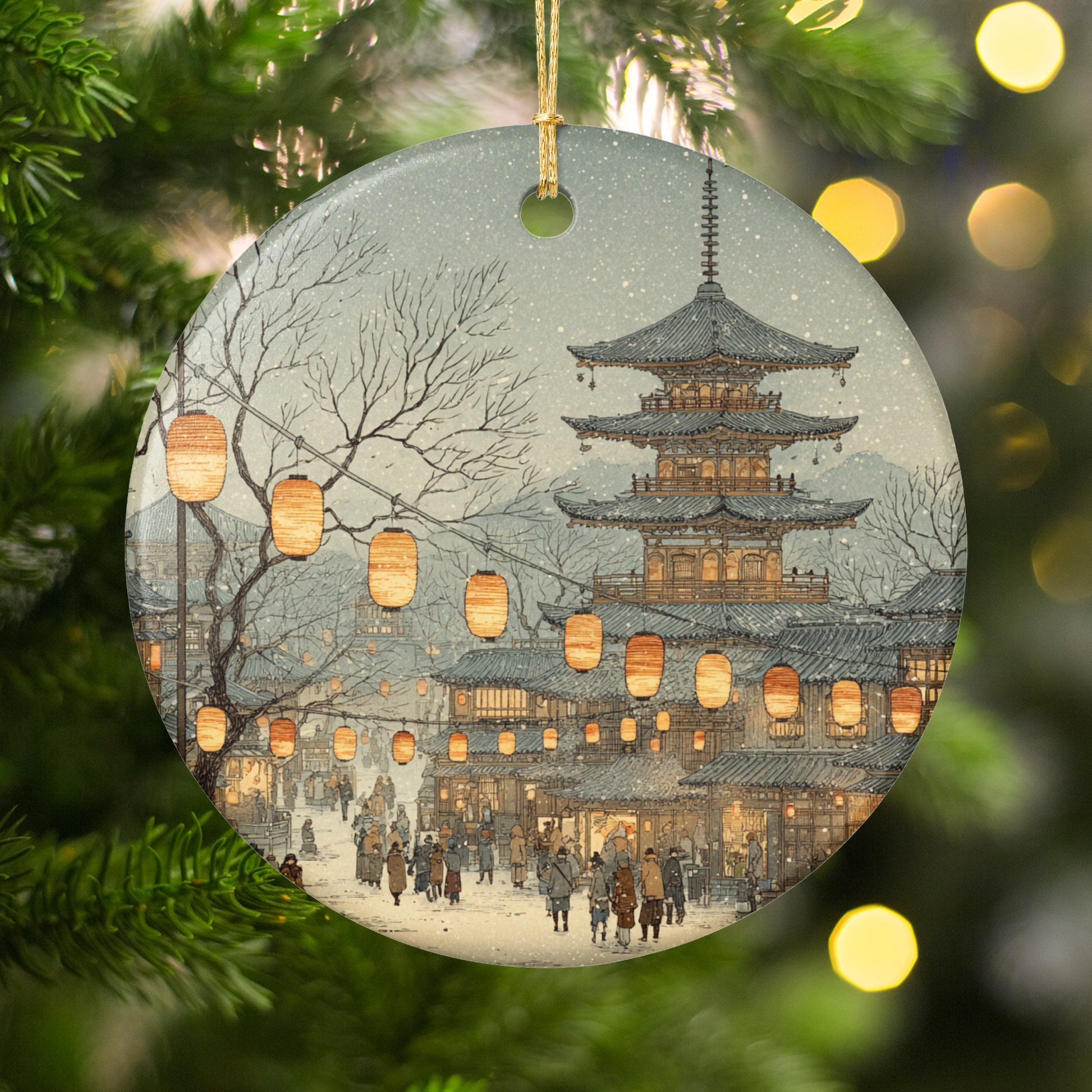Japanese Pagoda and Lanterns Holiday Ornament