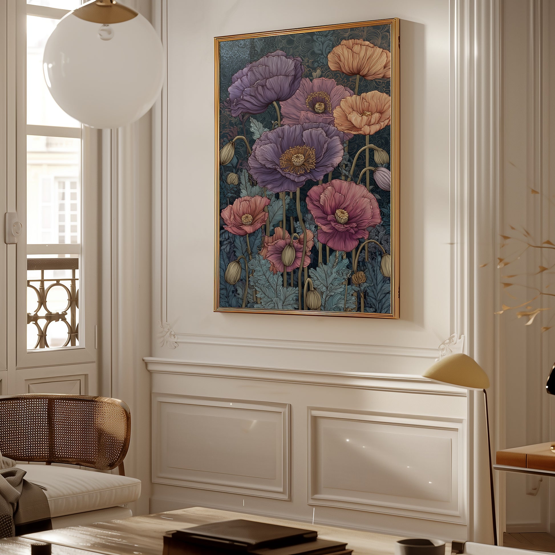 Elegant Floral Illustration in Wooden Frame Artwork