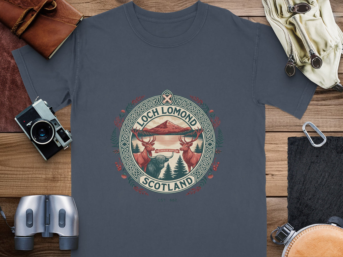 Loch Lomond Scotland t-shirt with deer, highland cow, and mountain graphic.