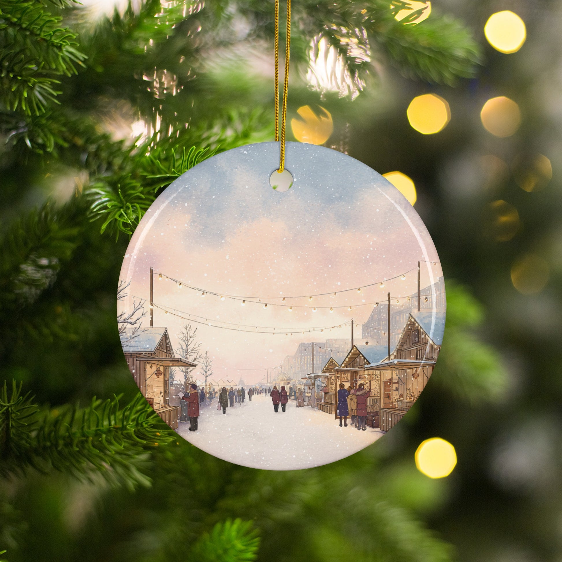 Christmas Market Scene Hanging Ornament for Holiday Decor