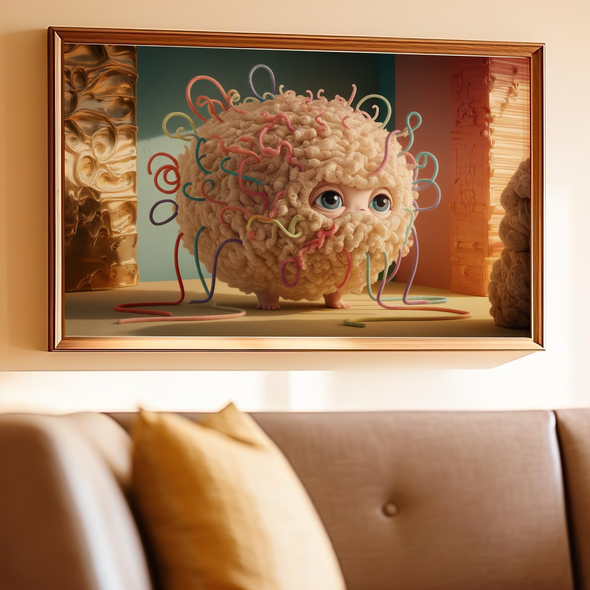 Fluffy creature with tangled colorful yarn, on wall art.