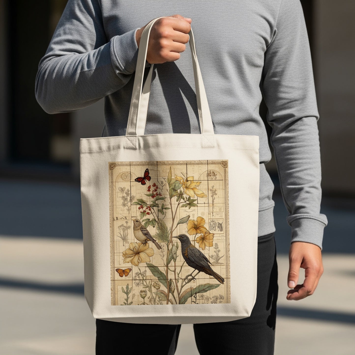 Elegant Vintage Style Bird and Flower Tote Bag