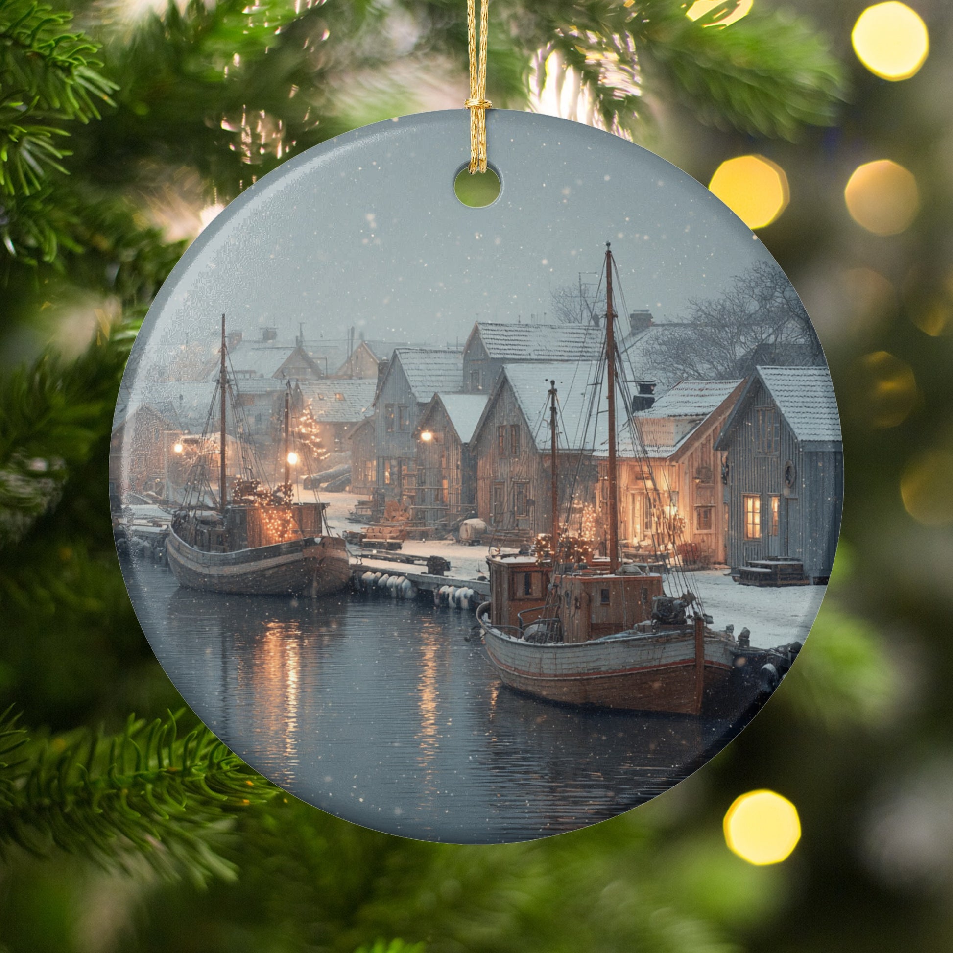 Elegant Snowy Village Scene Christmas Ornament