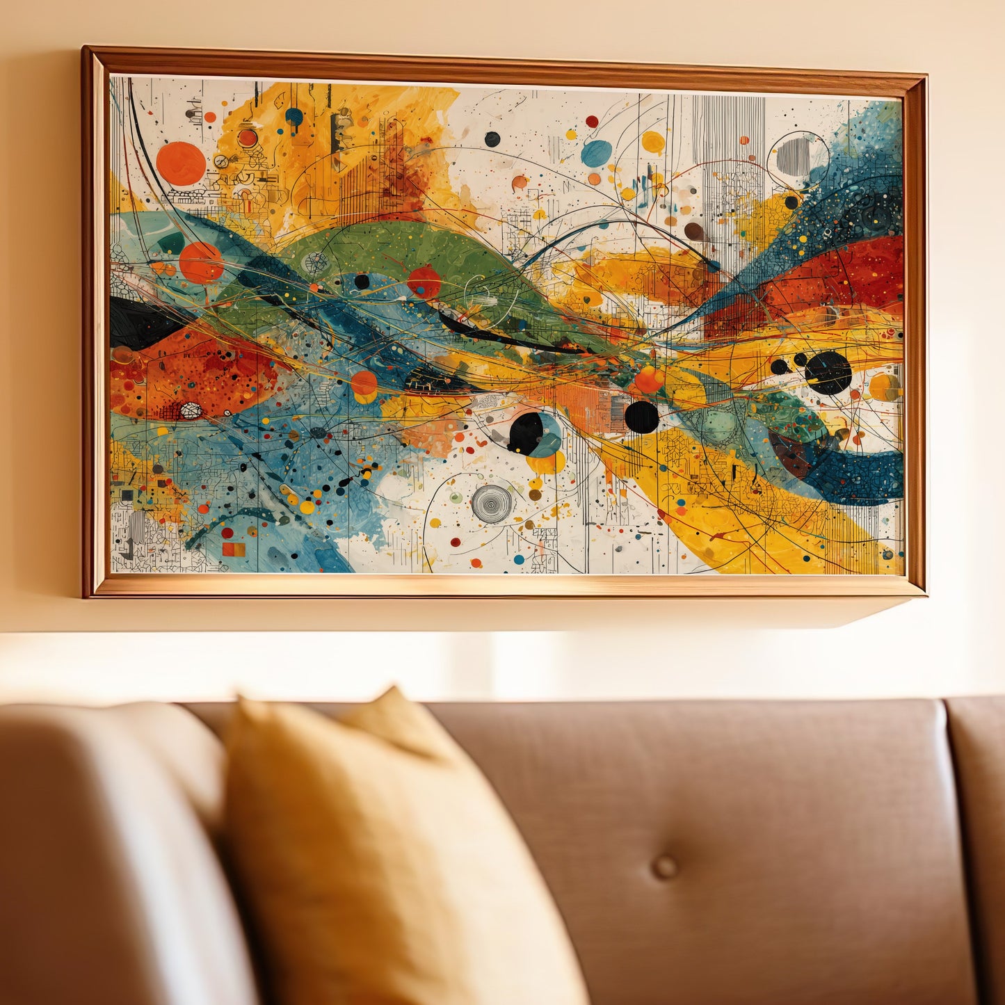 Vibrant Abstract Geometric Circles Splatters Wall Art product type
Abstract Art, Modern Art, Contemporary Decor, Vibrant Painting, Colorful Artwork, Geometric Shapes, Circles Design, Splatters Art, Expressionist Style, Wall Decor, Home Aesthetics, Unique Art, Bright Colors, Orange Yellow Blue, Green Red Black, Dynamic Visuals, Canvas Print, Living Room Art, Office Decor, Bold Artwork