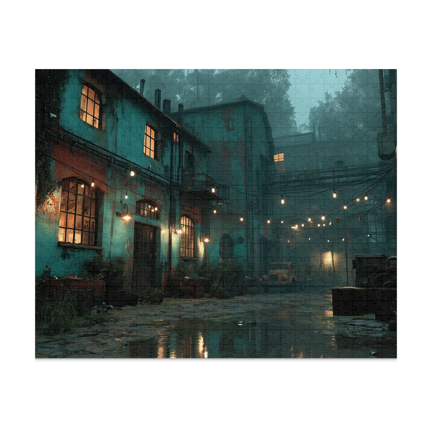 Grungy teal industrial building with wet cobblestone courtyard and strung lights.