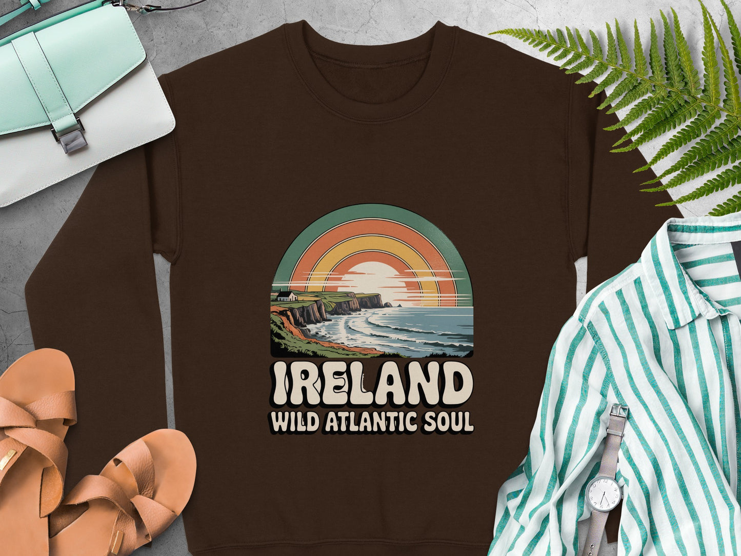 "IRELAND WILD ATLANTIC SOUL" graphic and coastal sunset on Dark Chocolate sweatshirt