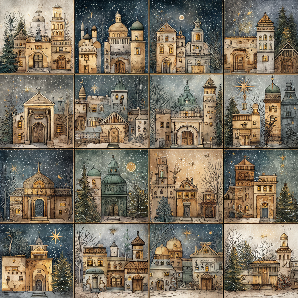 Cozy Old-World Buildings Nighttime Scenic Wall Art