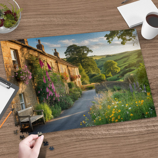 Charming stone cottage with flowers and a curved bridge in a green countryside.