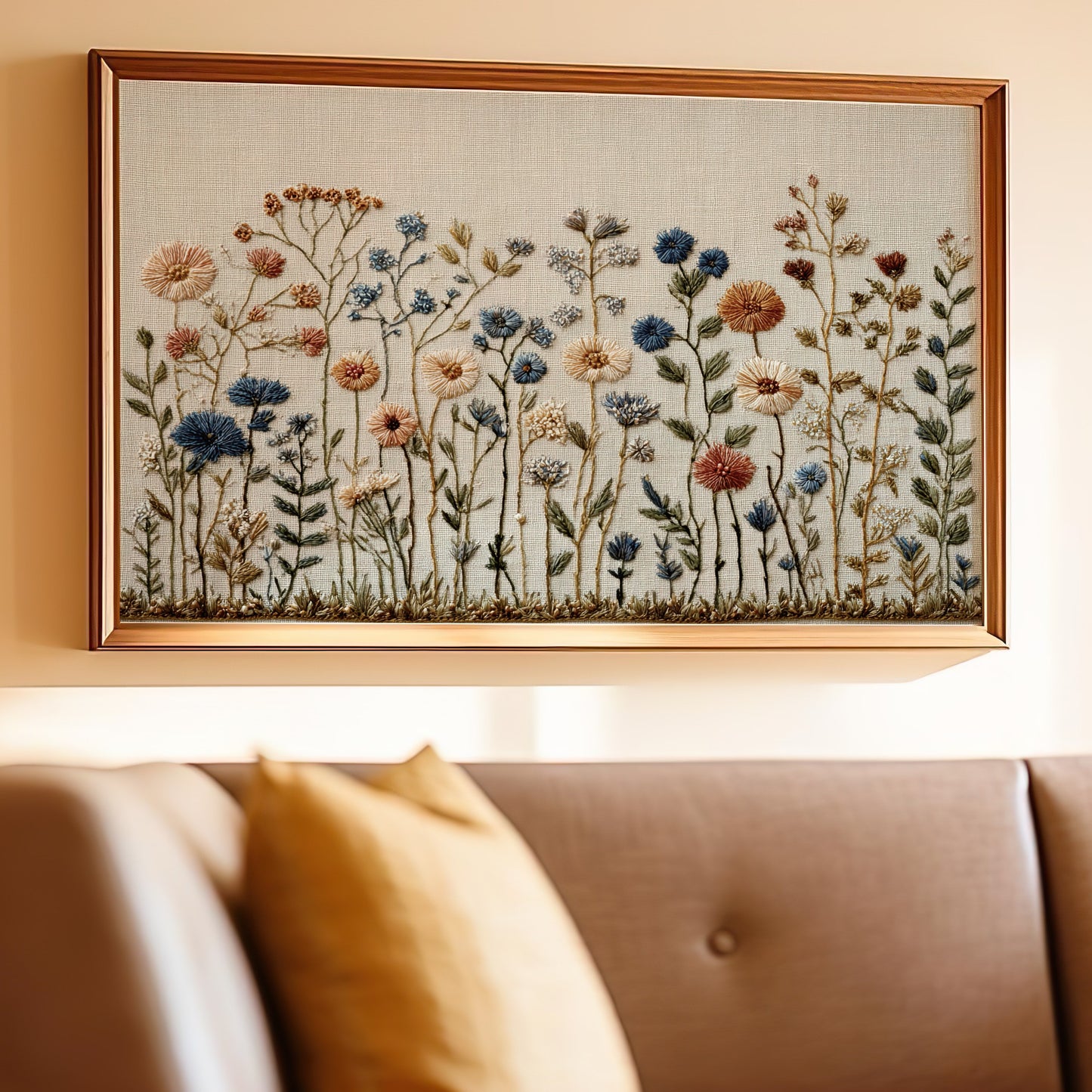 Framed floral embroidery with delicate blue, pink, and cream wildflowers.