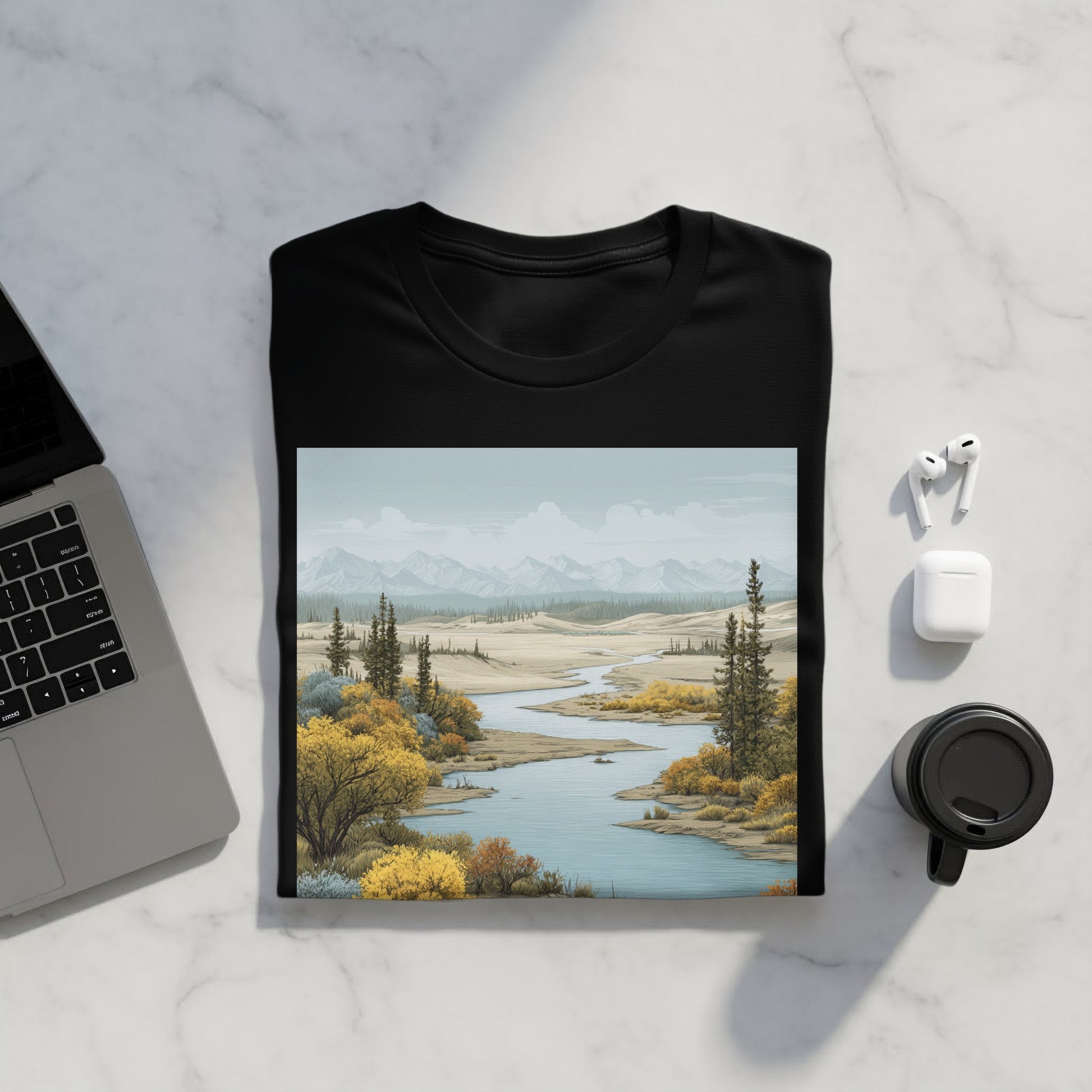 Scenic Mountain River Artwork on Black T-Shirt