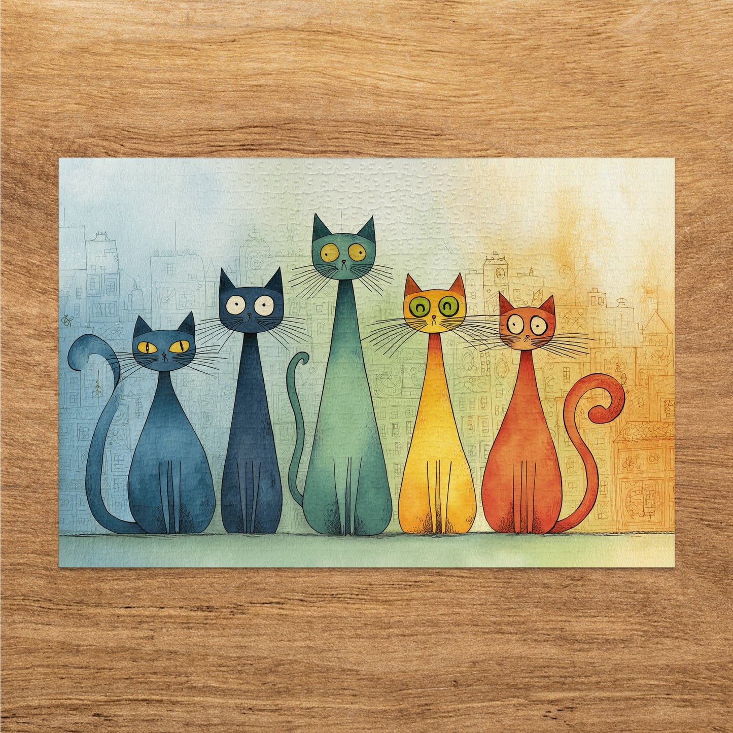 Five stylized cats of different colors sitting in a row.