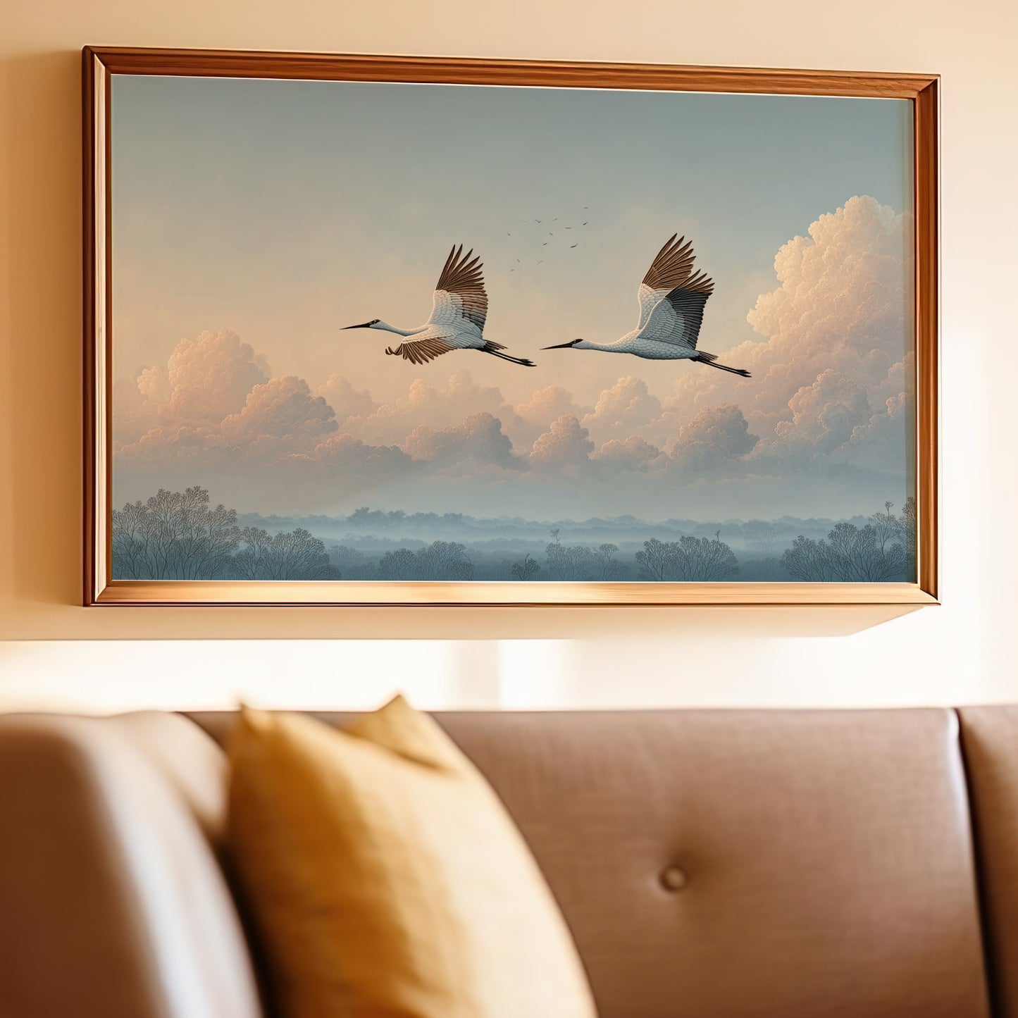 Stunning Framed Artwork of Flying Cranes at Sunset