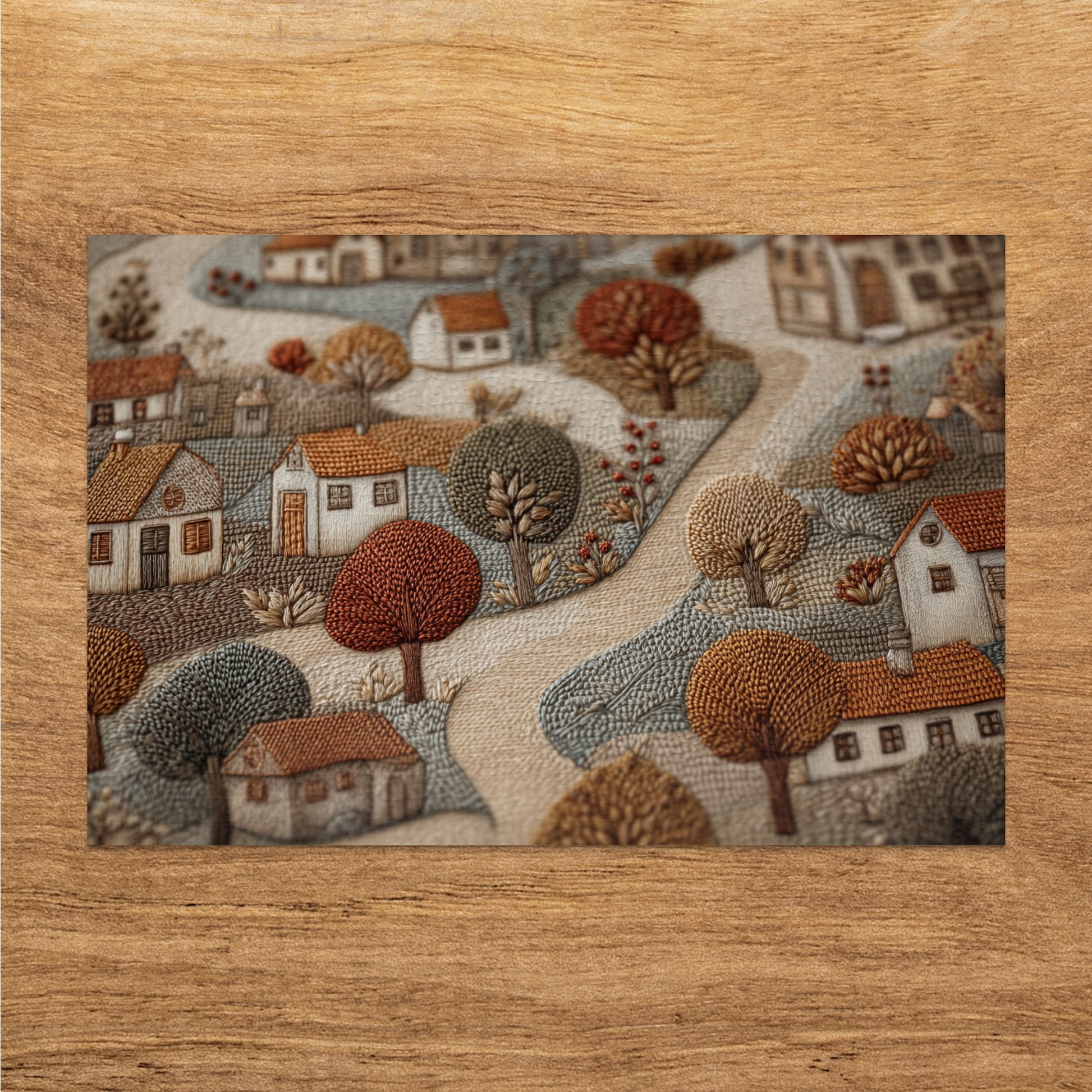 Handcrafted Village Scene Artwork with Embroidered Landscape