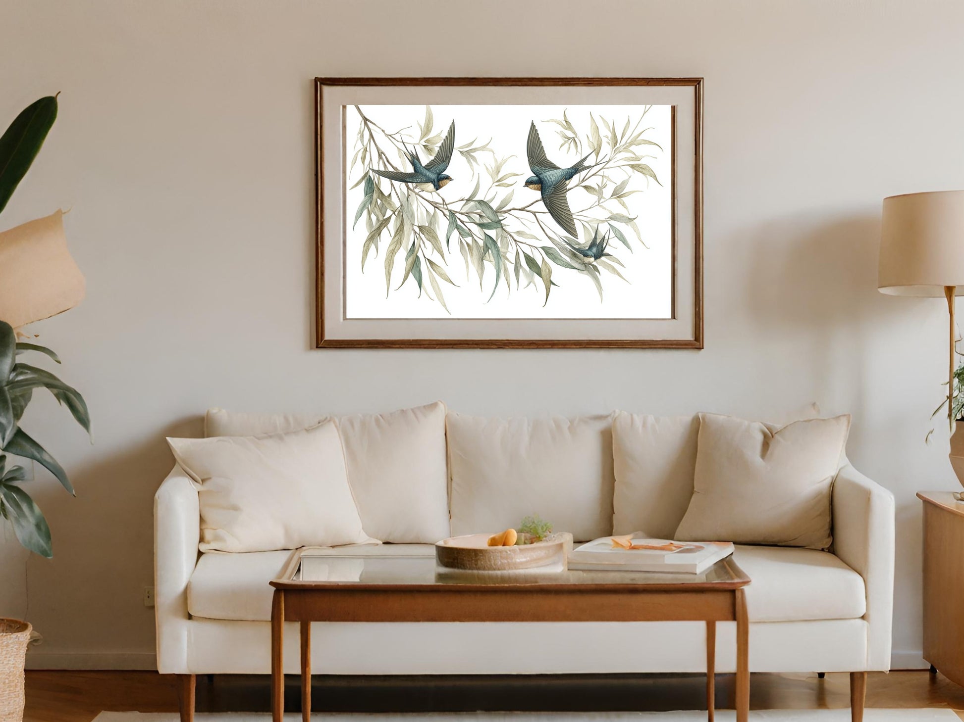 Bird Wall Art with Green and Blue Leaves Artwork
