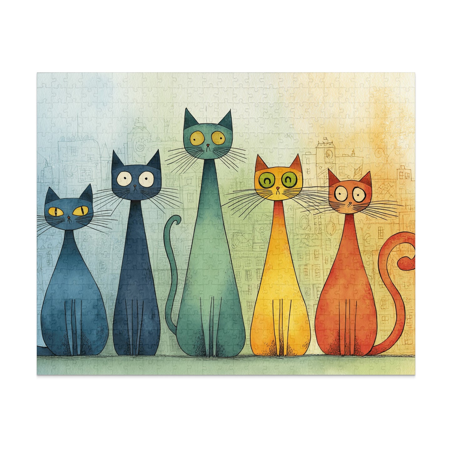 Five colorful, stylized cats in a row against a cityscape background.