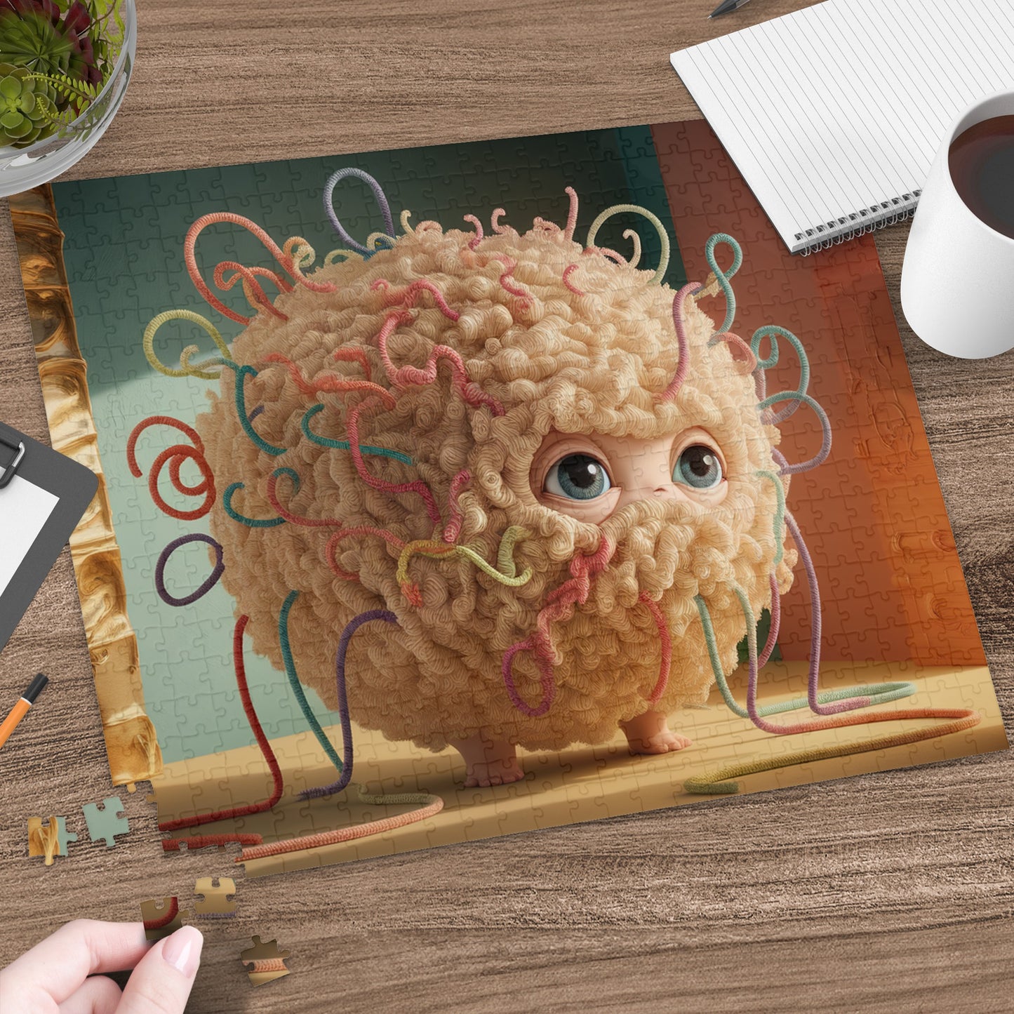 Fuzzy creature with colorful yarn strands, eyes wide, on a puzzle.