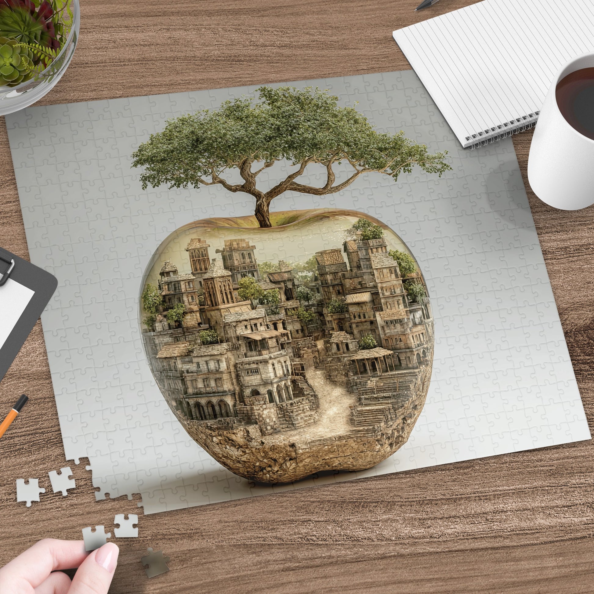Apple-shaped city with a tree growing from its top.