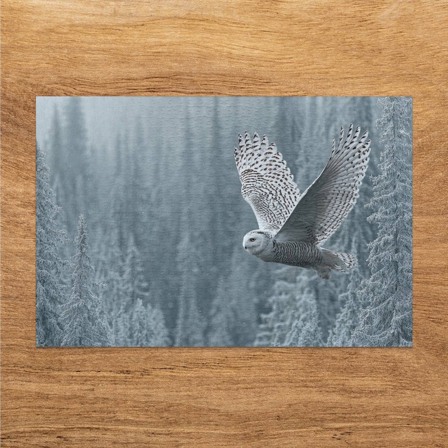 Majestic Snowy Owl Soaring Through Winter Scene Puzzle