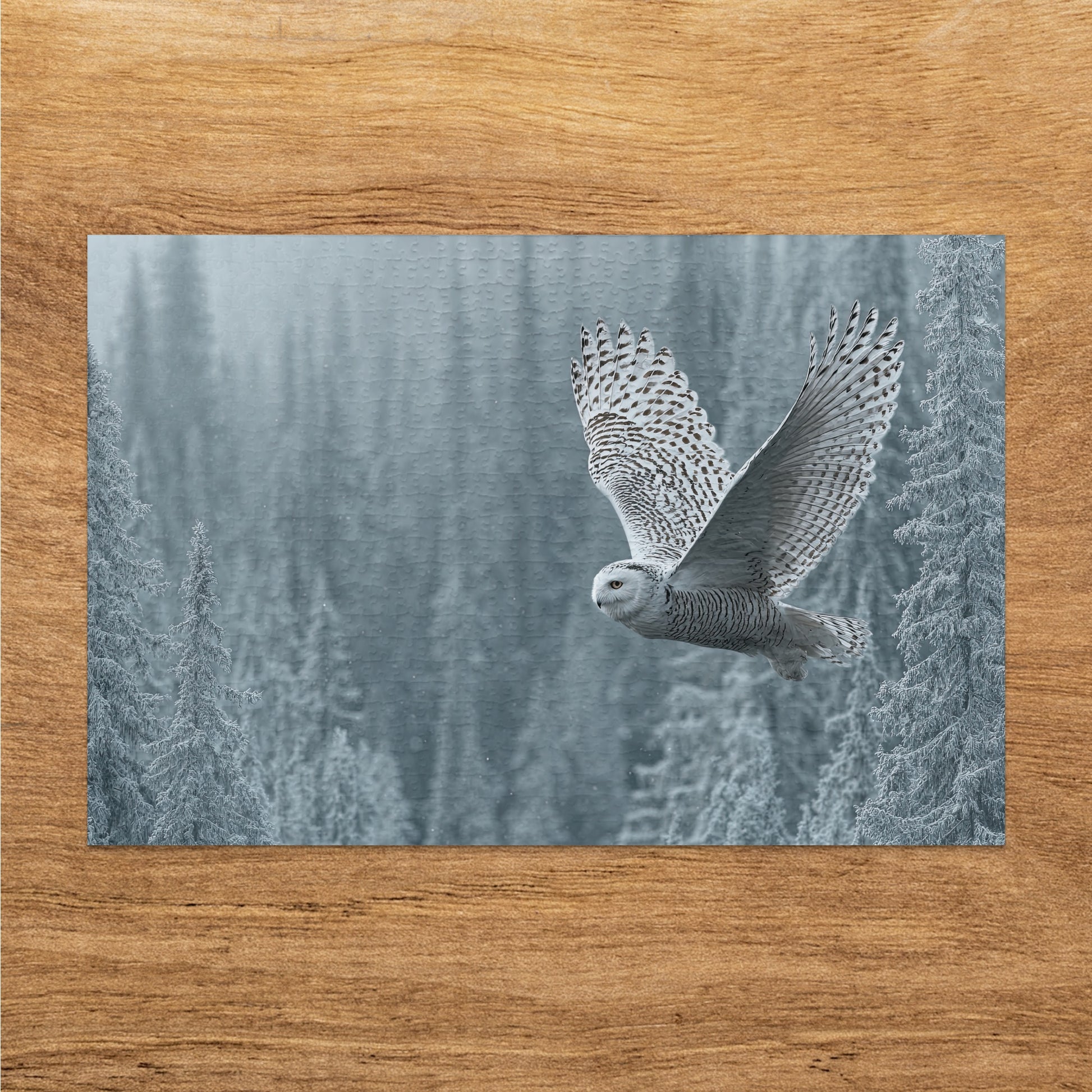 Majestic Snowy Owl Soaring Through Winter Scene Puzzle