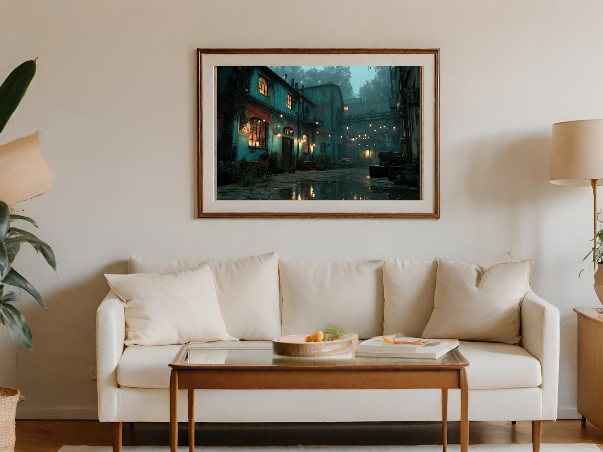 Warmly lit cityscape painting above a white couch and coffee table.