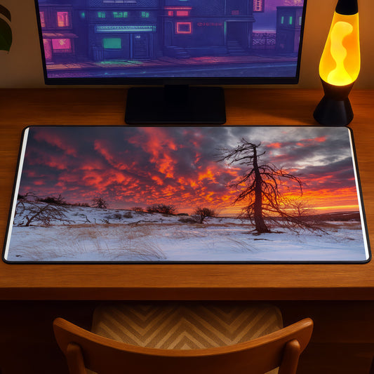 Desk mat with a vibrant sunset over a snowy landscape and a silhouetted barren tree.