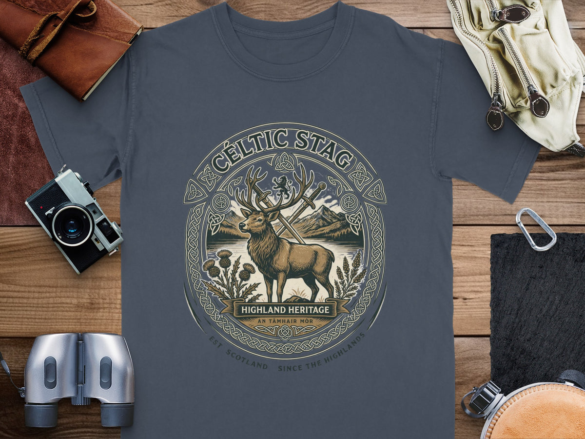 Dark grey t-shirt with a "Celtic Stag" design featuring a stag, swords, and knotwork.
