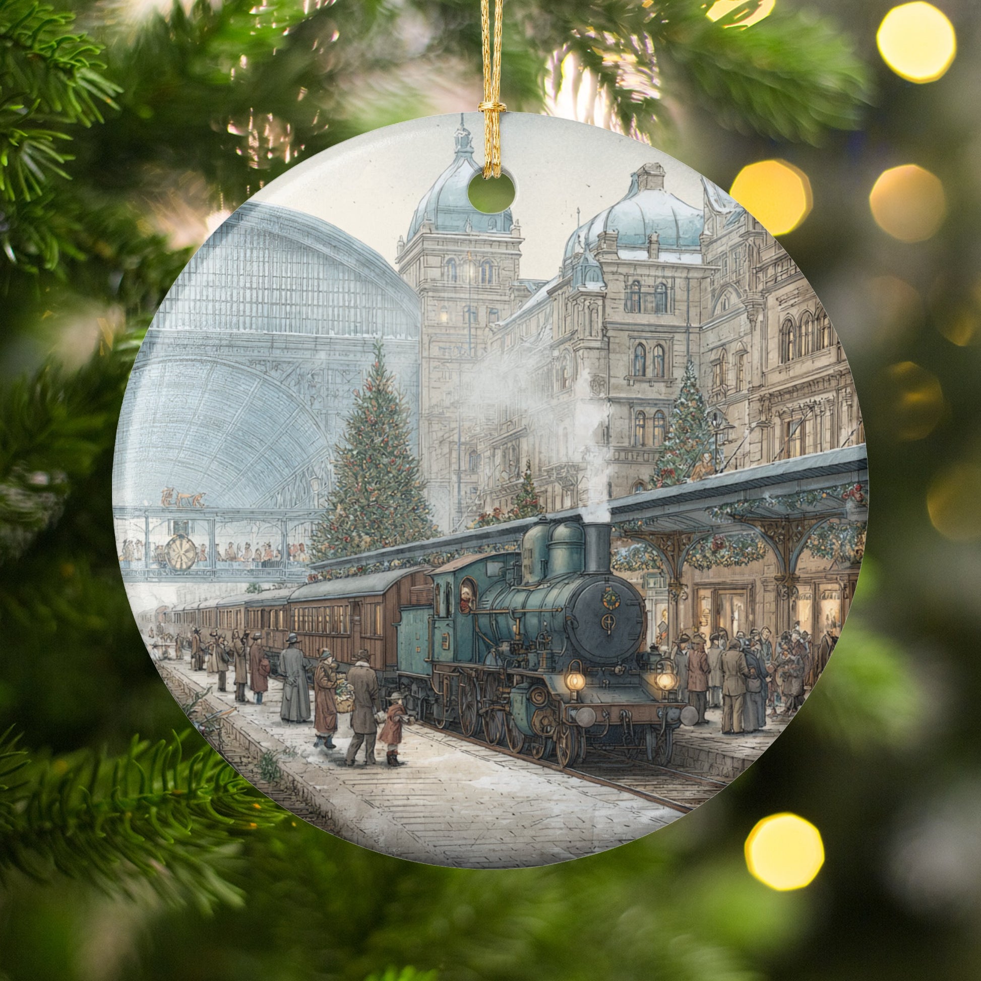 Vintage Train at Festive Station Christmas Ornament