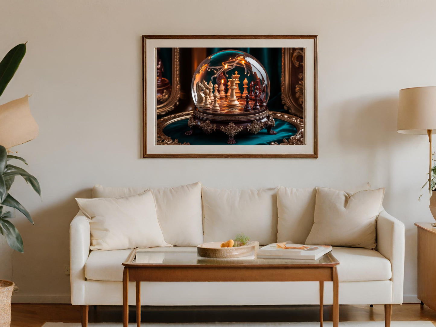 Framed chessboard inside a snow globe sits on a shelf above a sofa.