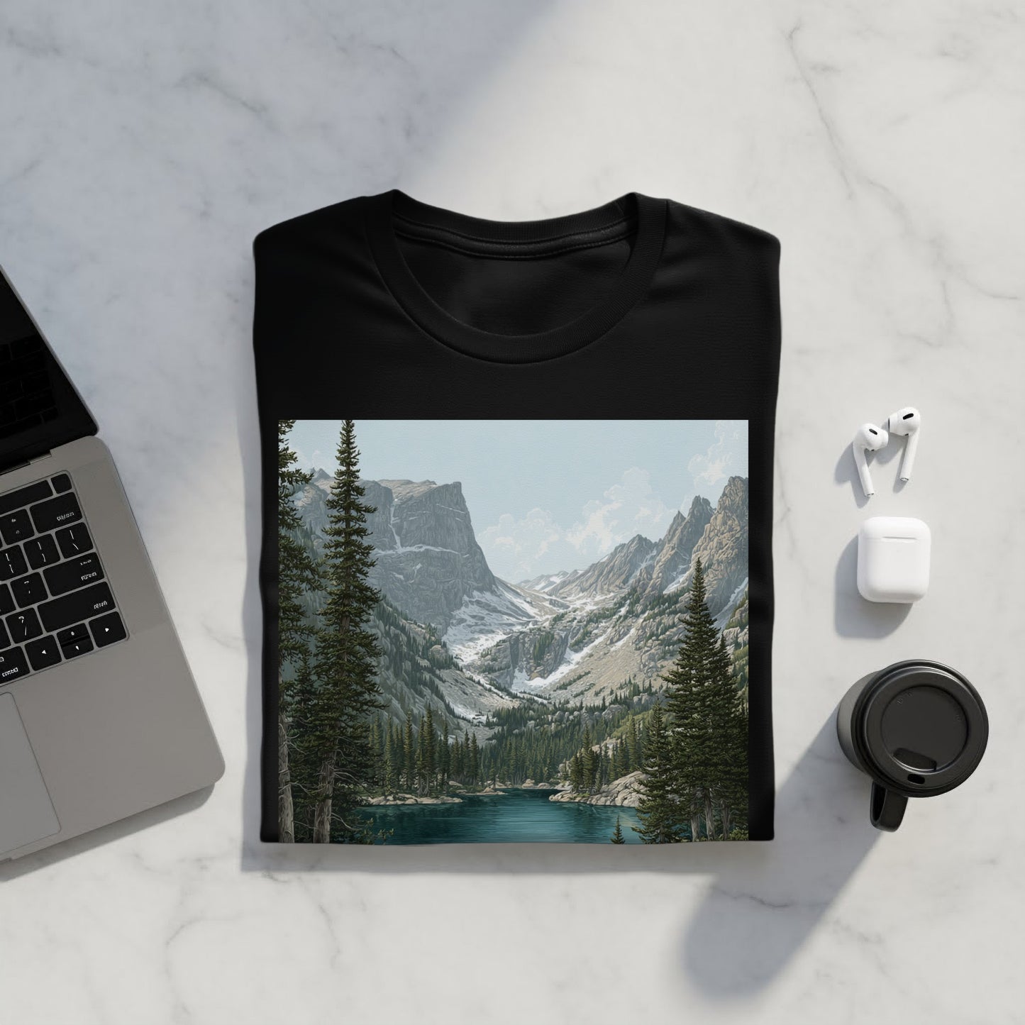 Scenic Mountain Landscape on Black T-shirt