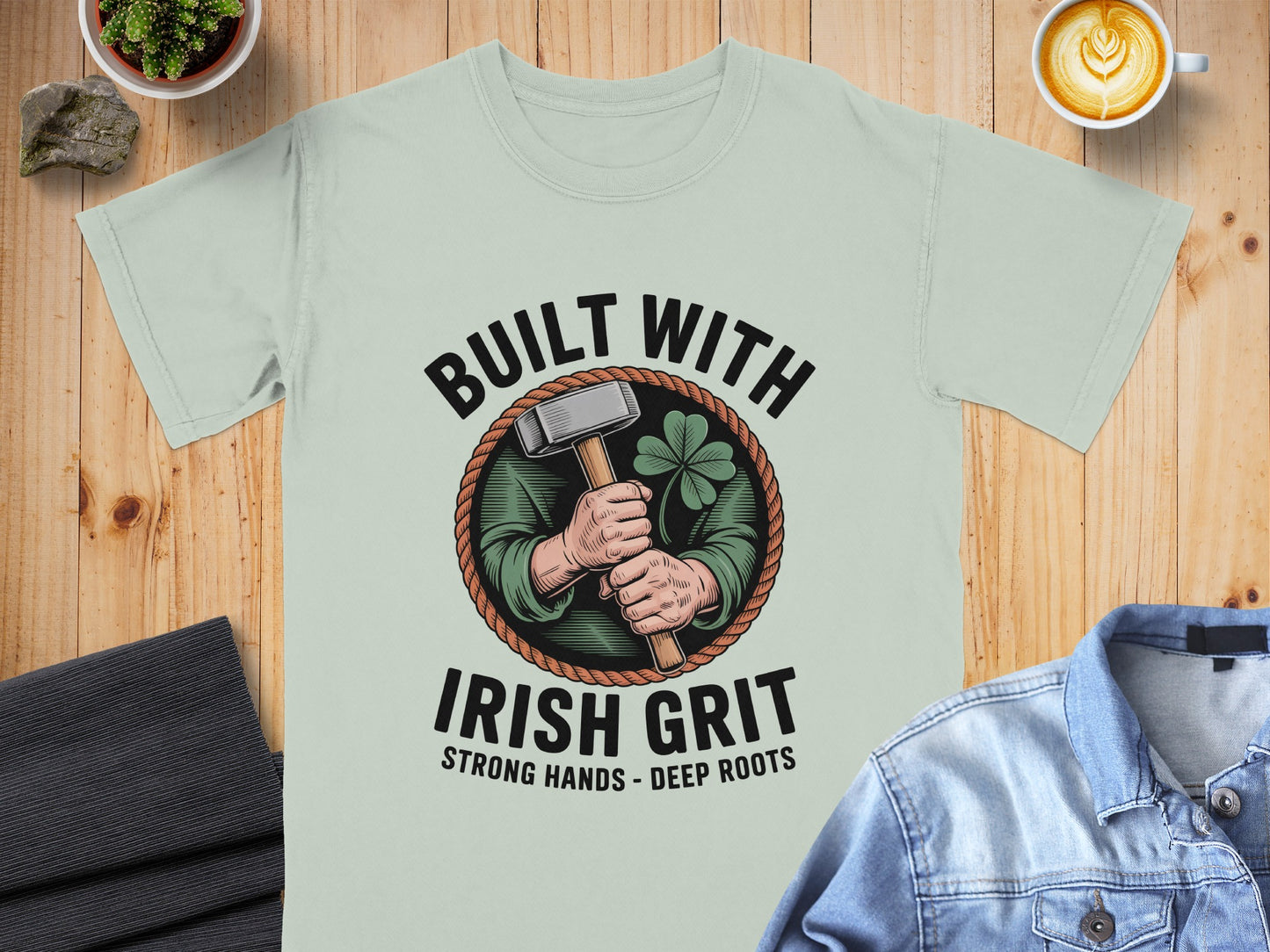 Light green t-shirt with "Built with Irish Grit" and a hammer.