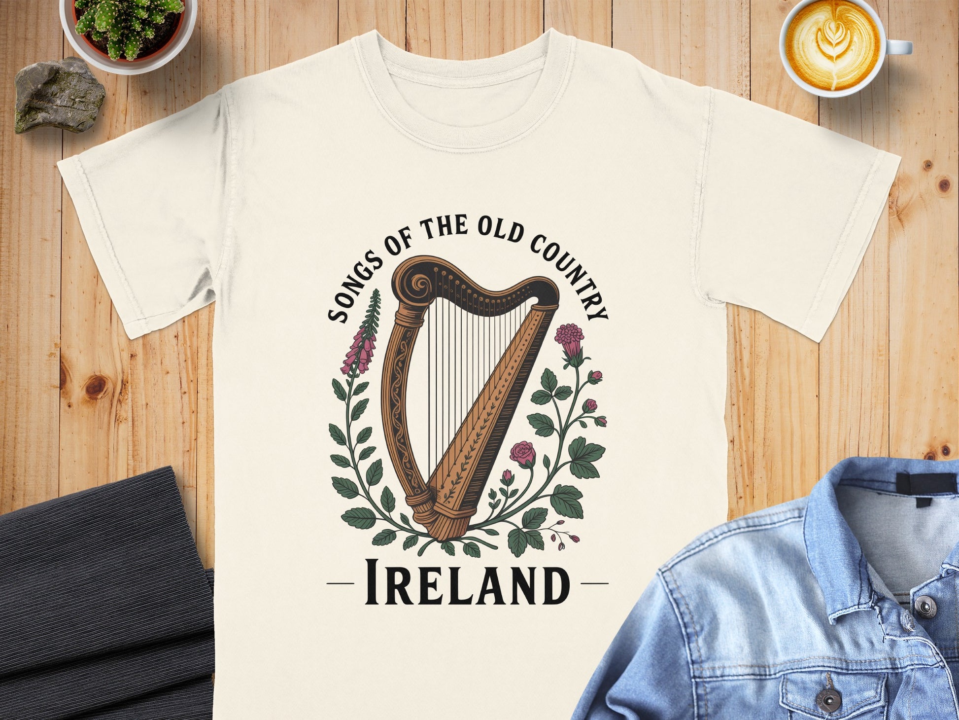 Cream t-shirt with harp graphic and "Songs of the Old Country Ireland" text.