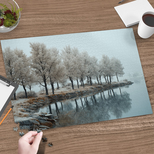 Serene Snowy Riverbank with Frosted Trees Puzzle