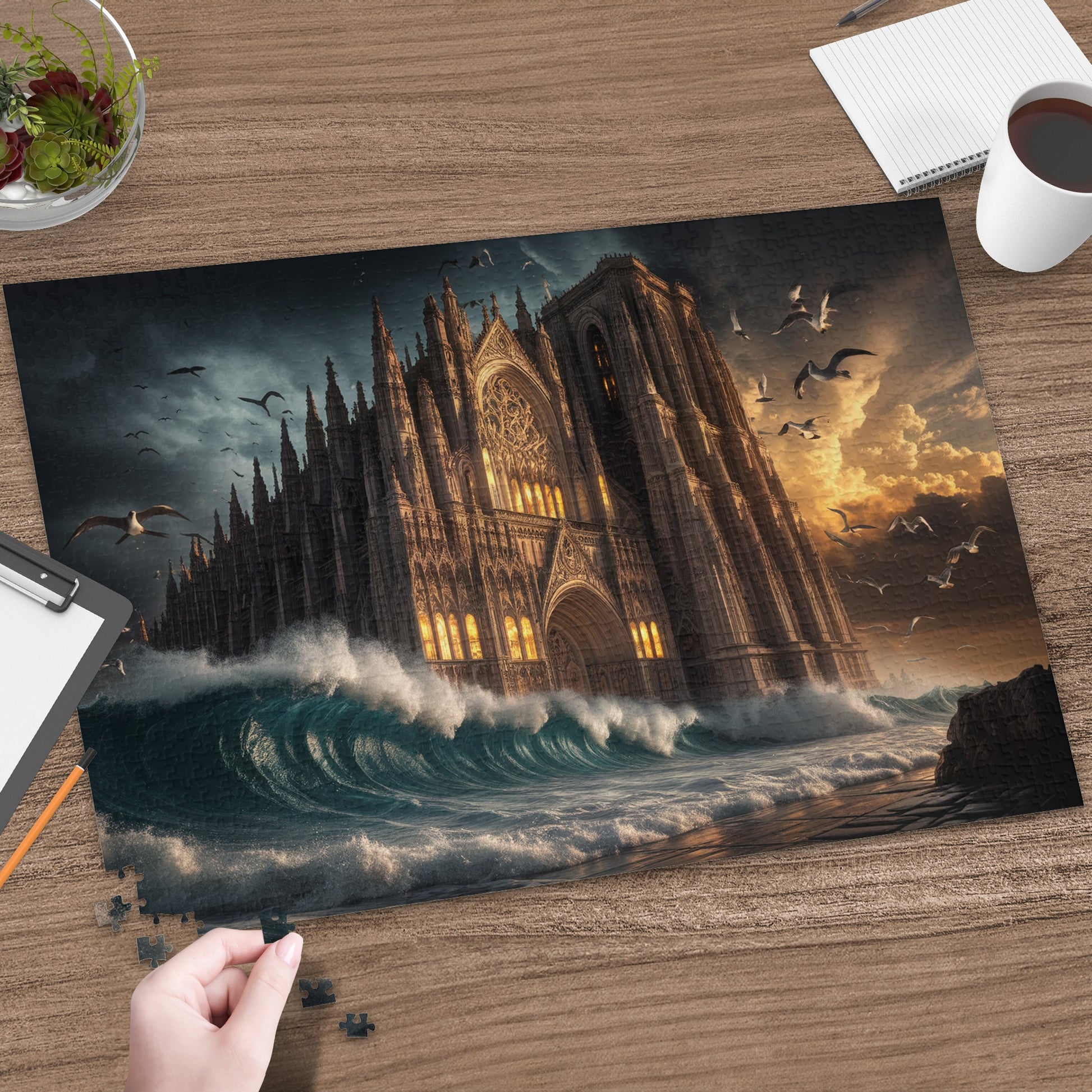 Gothic cathedral amidst crashing waves under a dramatic sky with seagulls.