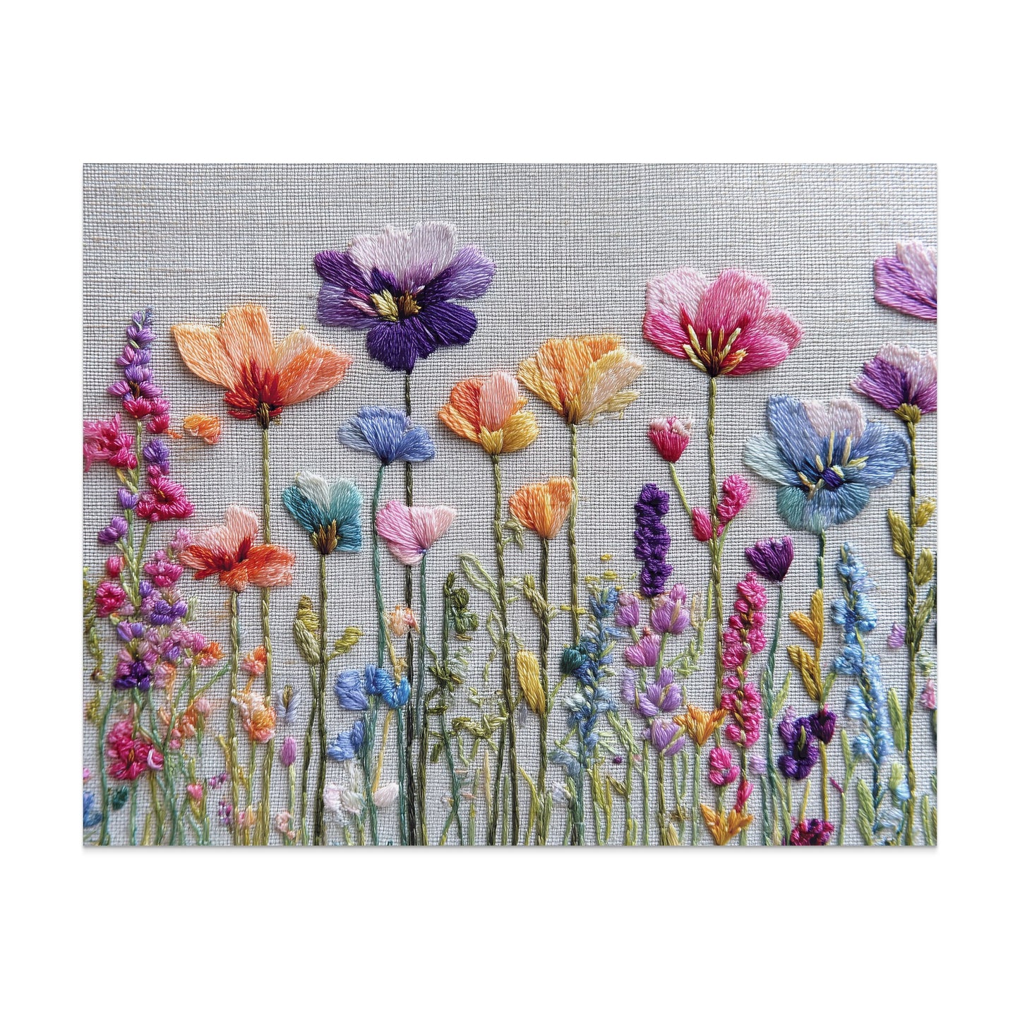 Embroidery of colorful wildflowers with varied stems and leaves against a textured fabric background.