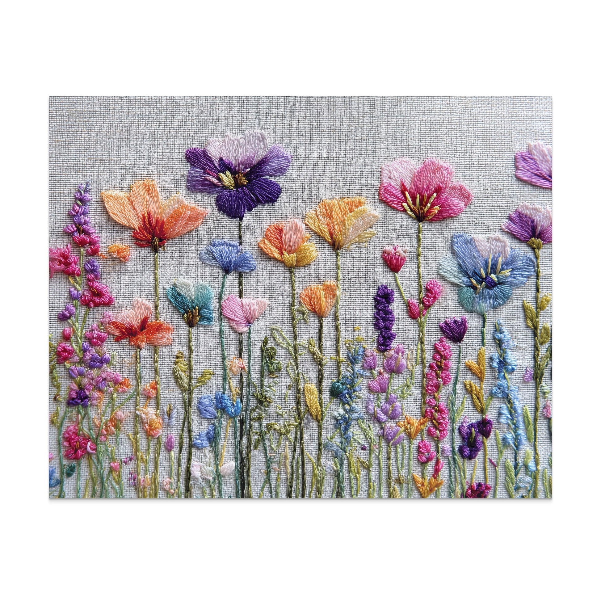 Embroidery of colorful wildflowers with varied stems and leaves against a textured fabric background.