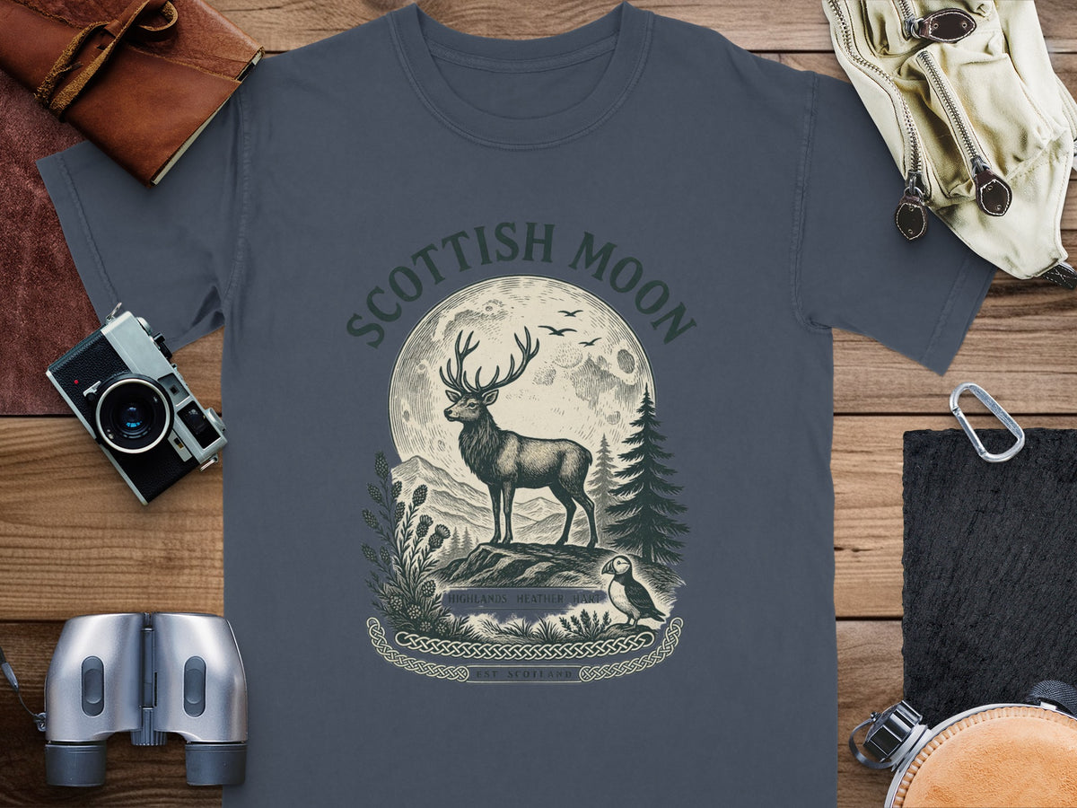 T-shirt with Scottish Moon graphic: stag, puffin, moon, and Celtic knot.