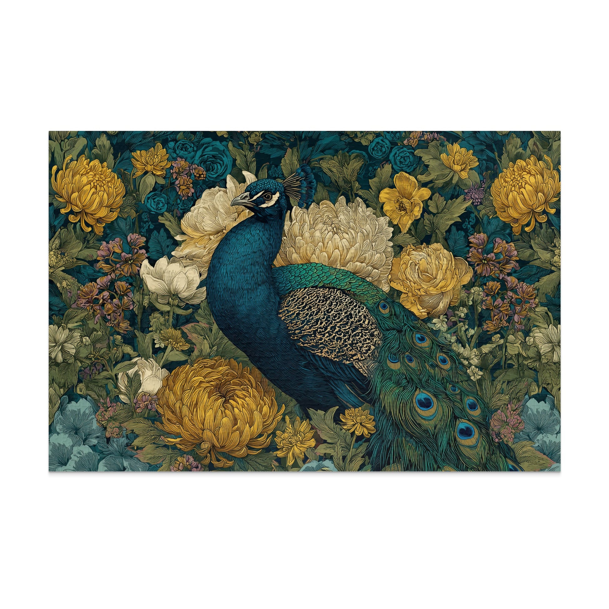 Vibrant Peacock Floral Garden Illustration product type
Peacock, Floral, Bird art, Botanical, Flower illustration, Nature, Garden scene, Exotic bird, Feathers design, Elegant, Vibrant colors, Blue green, Yellow flowers, Dark background, Ornate art, Detailed illustration, Wildlife art, Majestic, Bloom pattern, Decorative