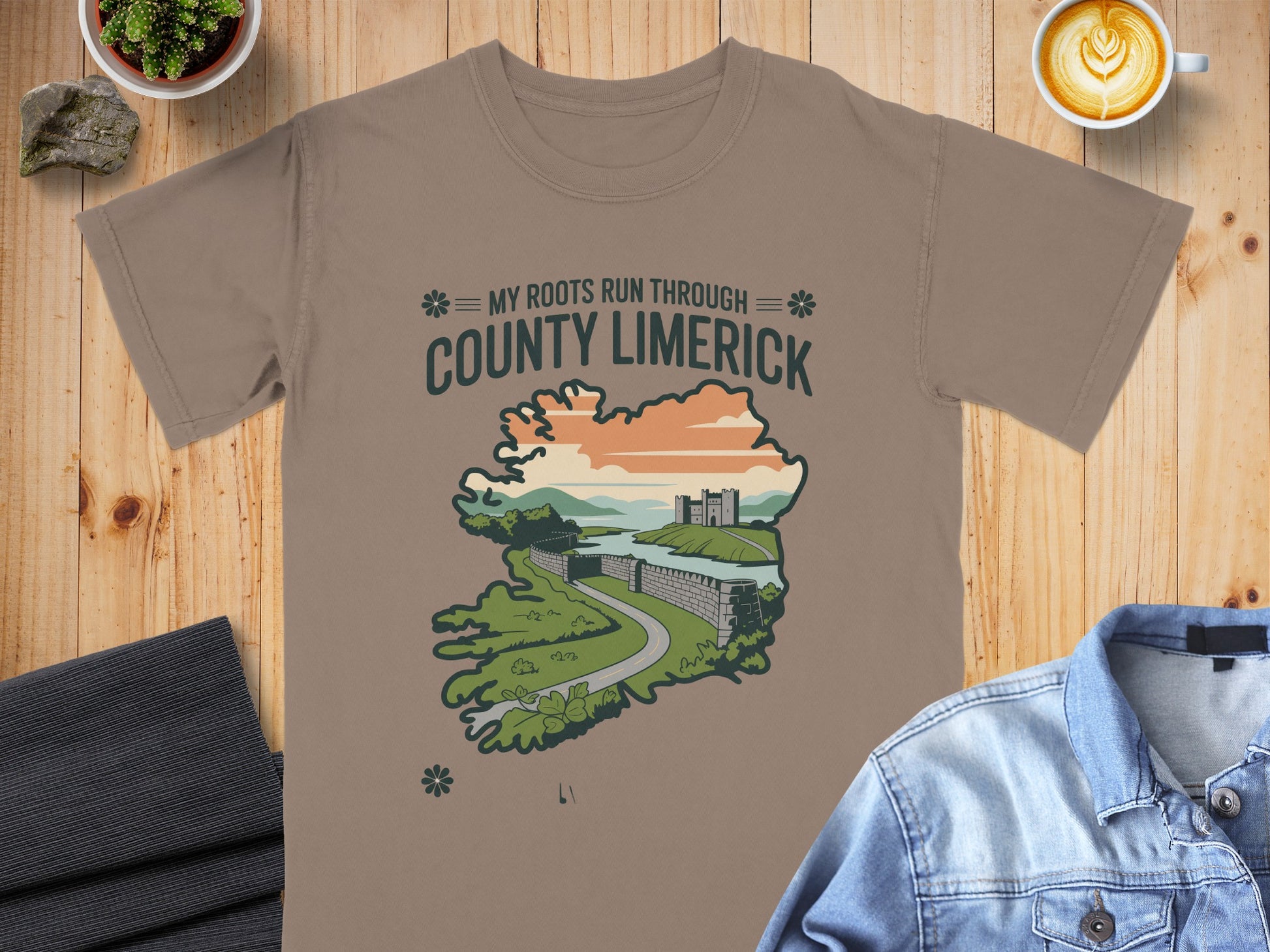 Brown t-shirt with County Limerick map graphic and text "My Roots Run Through County Limerick."