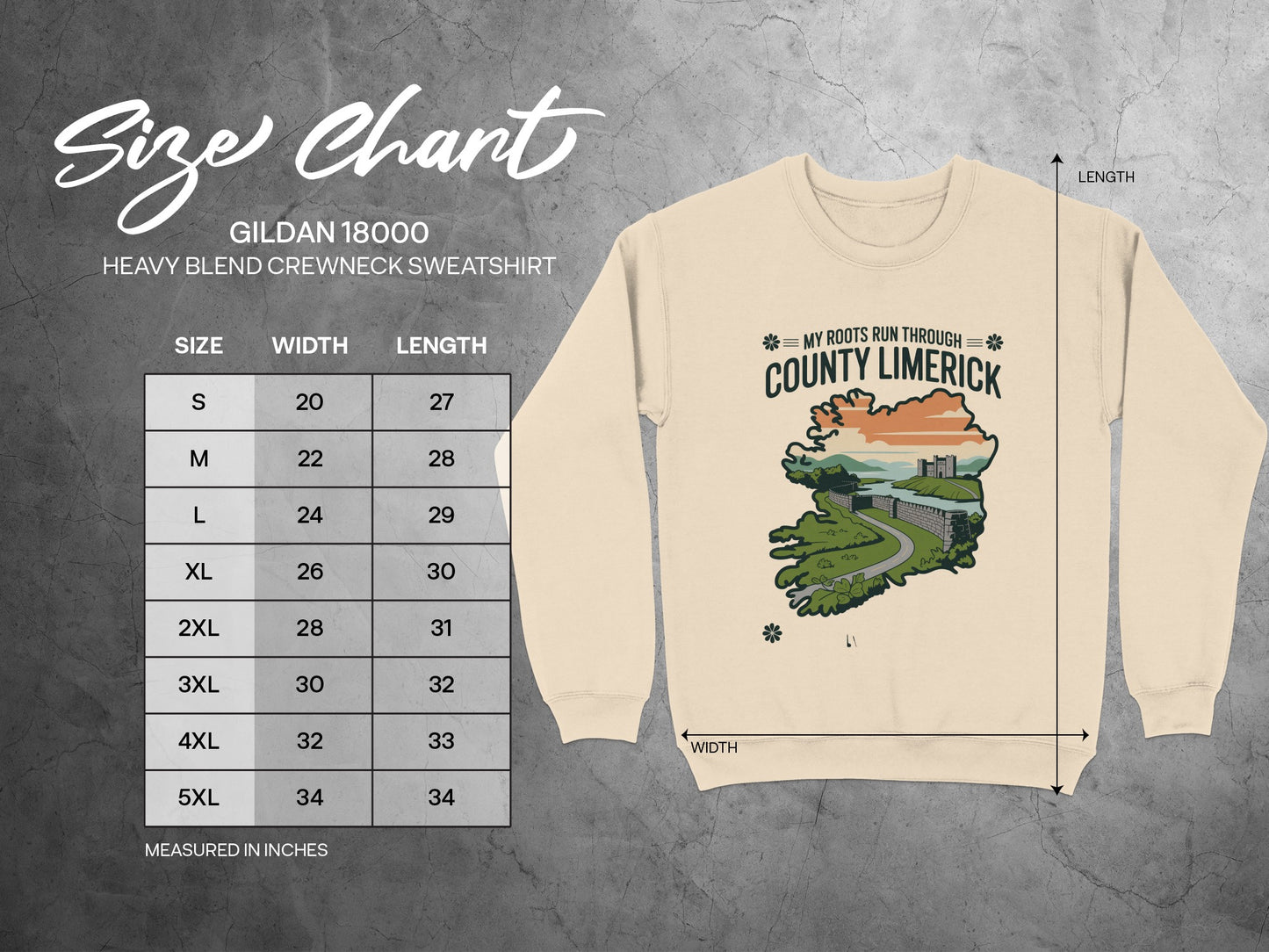 Gildan 18000 size chart for heavy blend crewneck sweatshirt with County Limerick graphic.