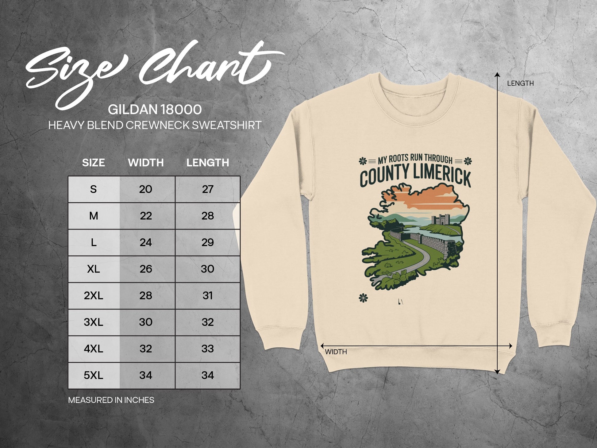 Gildan 18000 size chart for heavy blend crewneck sweatshirt with County Limerick graphic.