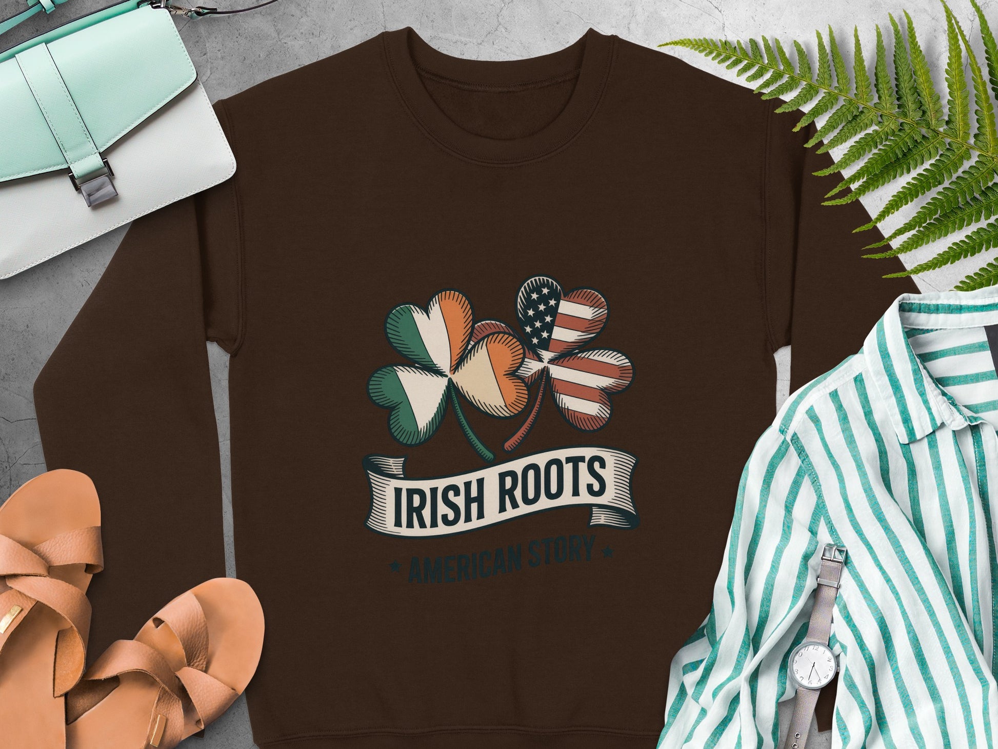 Shamrock graphic: Irish Roots American Story on Dark Chocolate sweatshirt