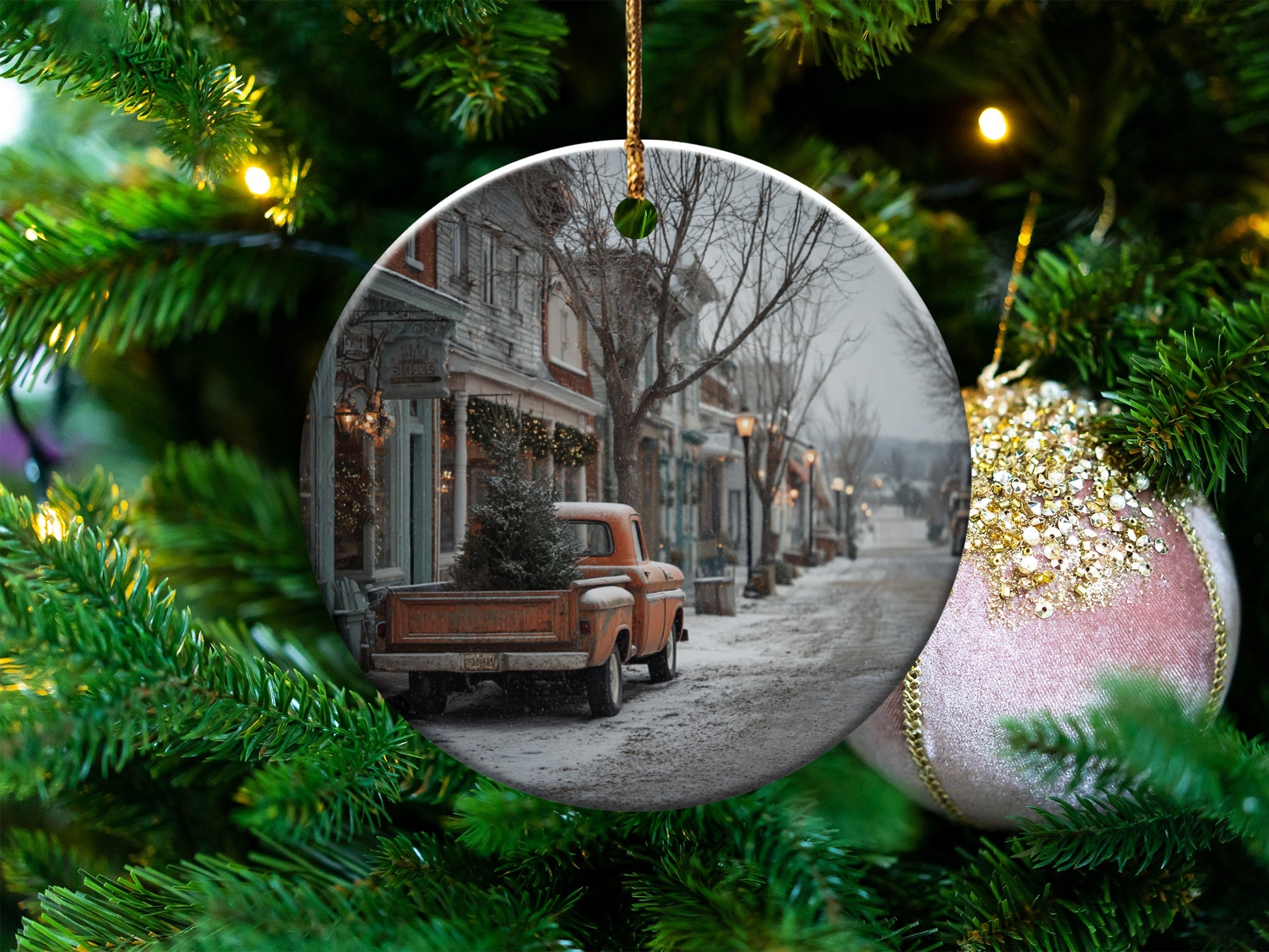 Vintage Winter Town Scene Christmas Tree Ornament