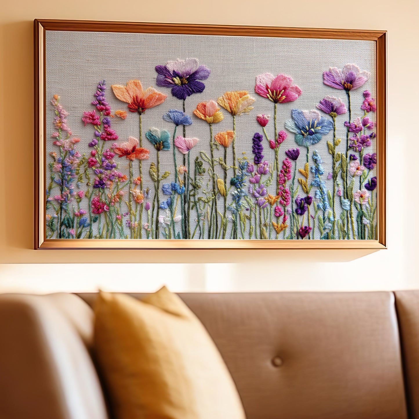 Embroidery of colorful wildflowers and grasses in a wooden frame.