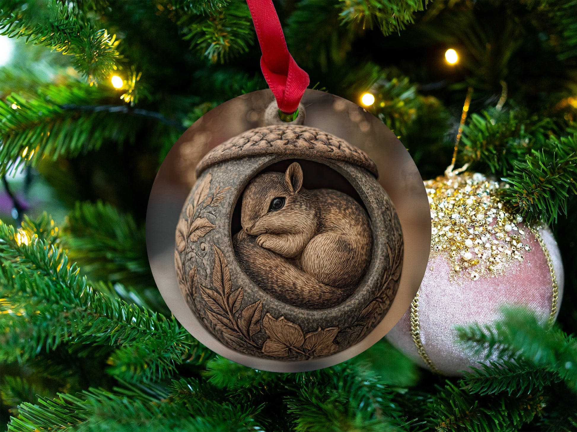 Squirrel in Acorn Shaped Ornament Handmade Christmas Decor