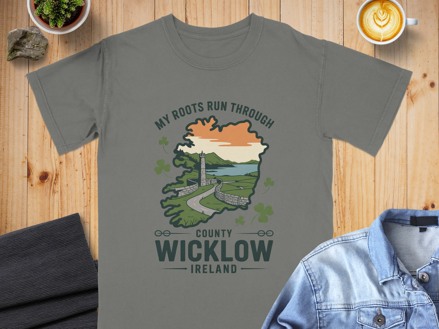 Grey t-shirt graphic with map of Ireland, tower, and text "My Roots Run Through County Wicklow Ireland".