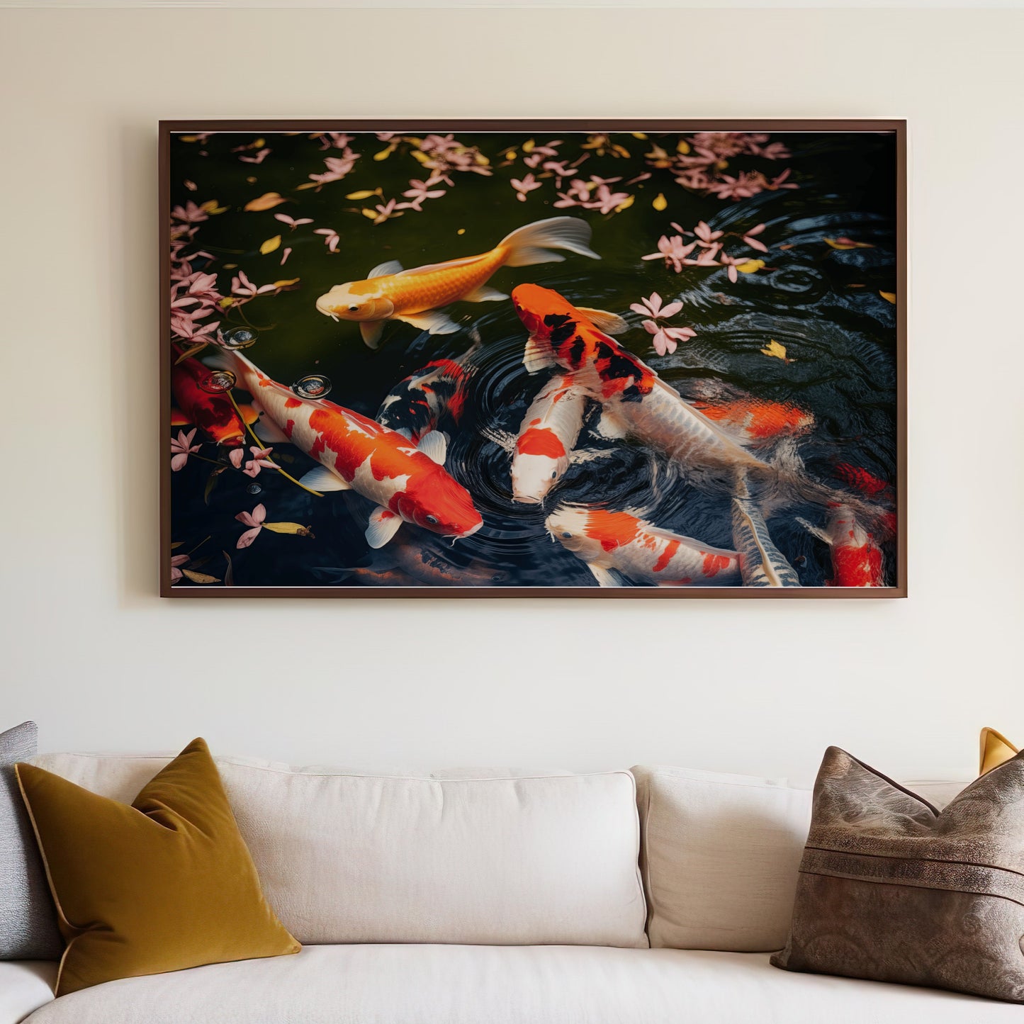 Beautiful Koi Fish Art Print with Pink Flower Petals Decor