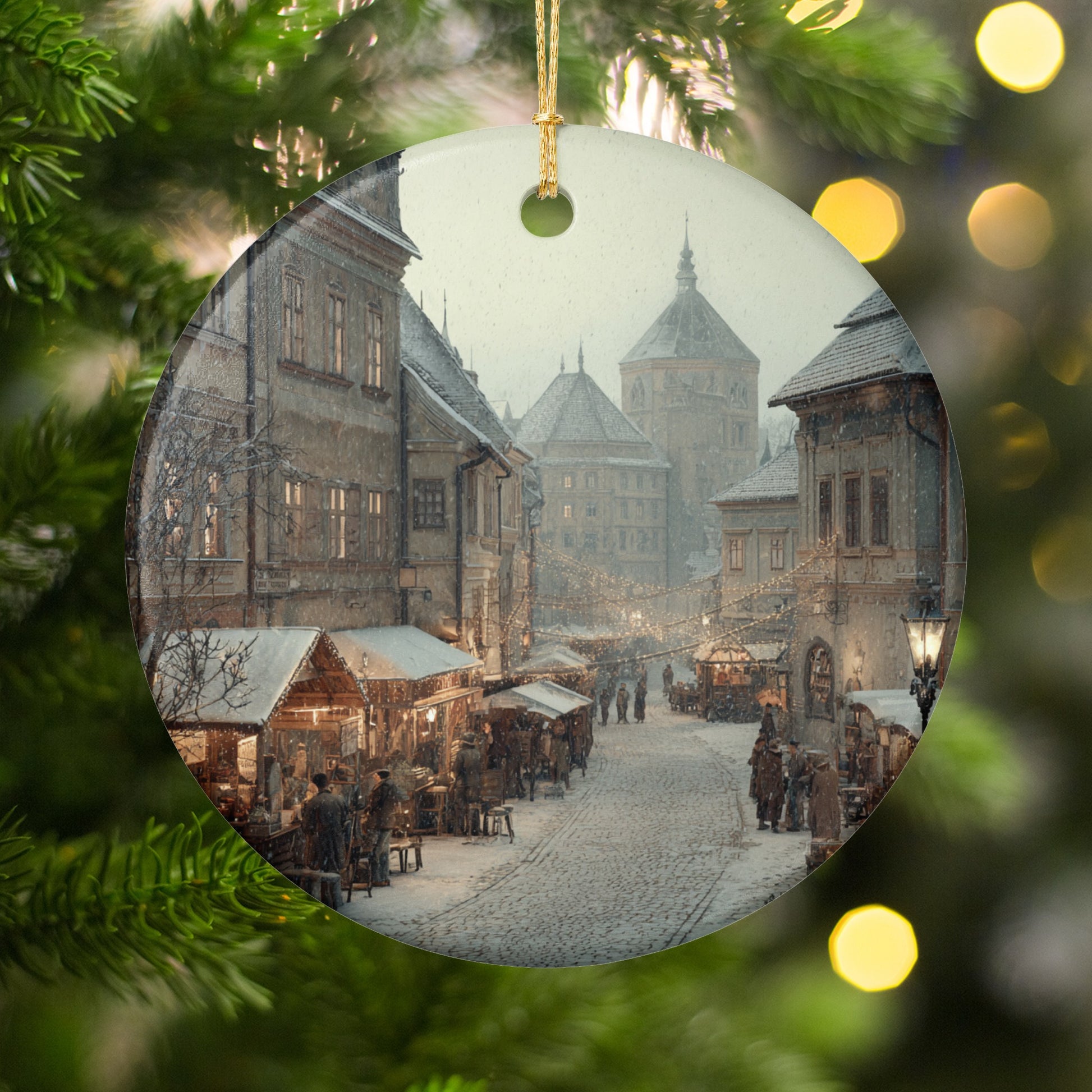 Vintage Winter Town Scene Christmas Ornament